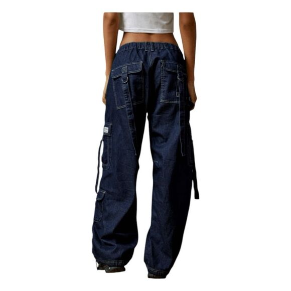 BDG Strappy Balloon Cargo Jeans Blue Dark Wash Denim Mid-Rise Metal Buckle 26 - Picture 4 of 10